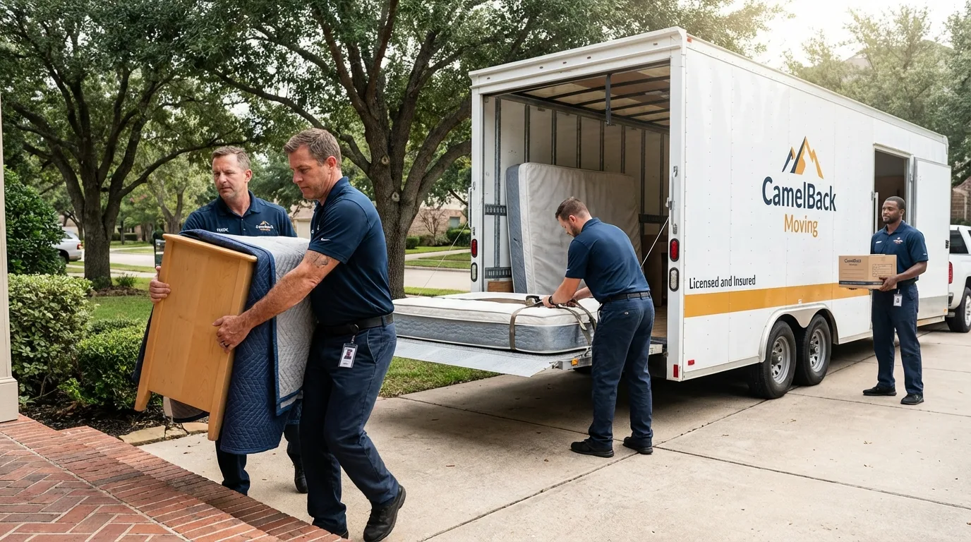 Crew loading residential truck for cross-state move from Andrews, TX