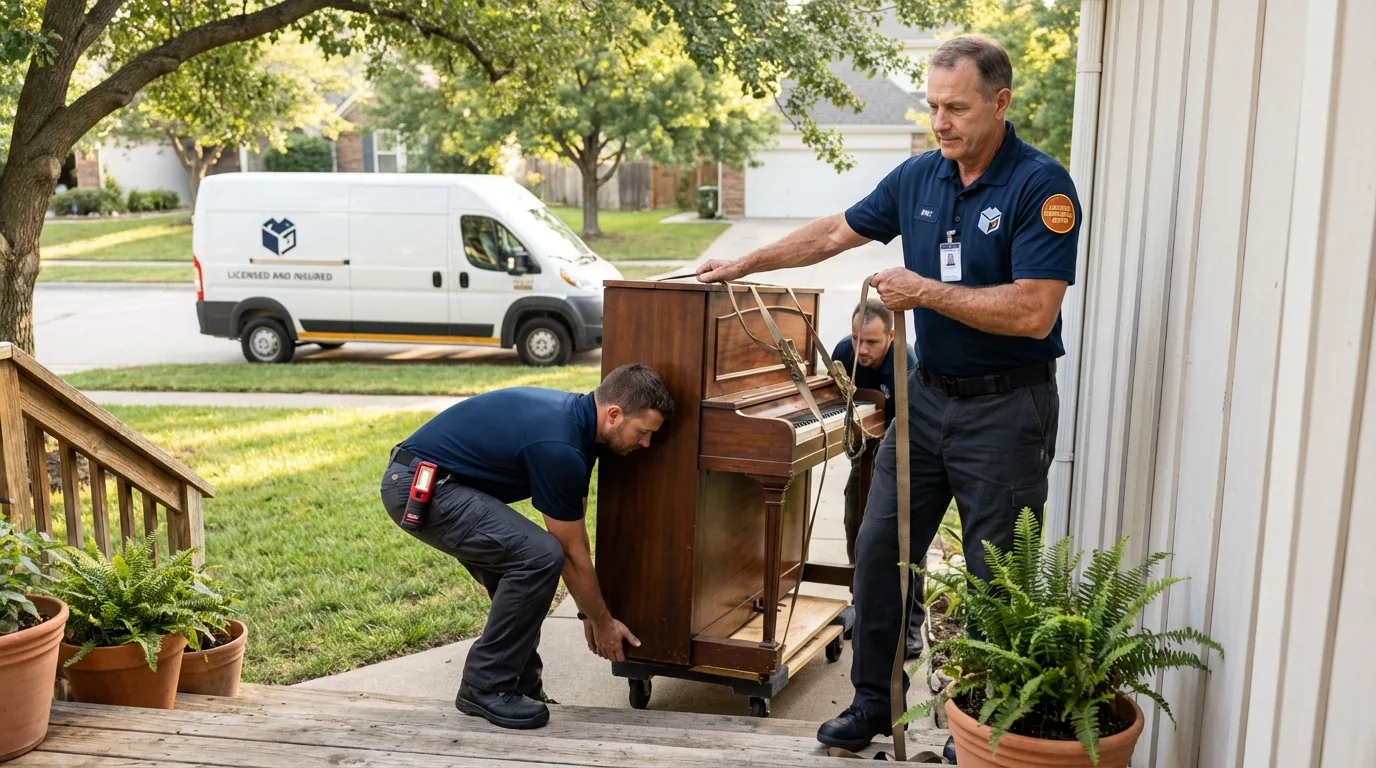 Licensed piano movers securing grand piano in Andrews, TX