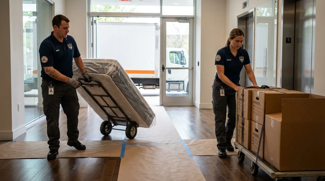 Professional apartment movers loading elevator in Andrews, TX